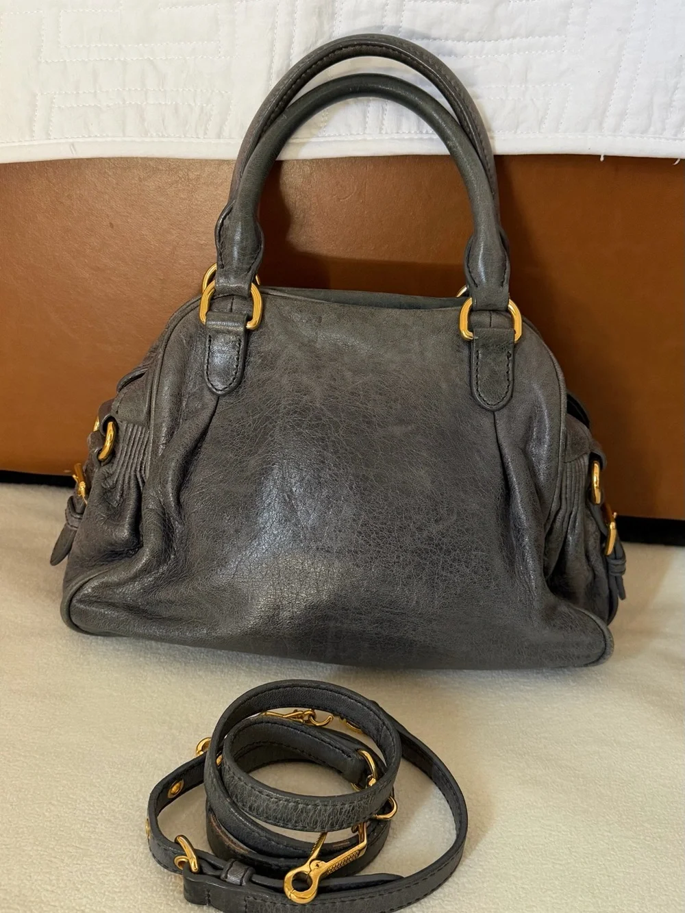 Miu Miu Dark Gray Leather Top-Handle Satchel with Gold Hardware